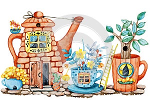 Tea house in the garden with flowers, cartoon teapot and cup with windows and doors. Hand drawn watercolor illustration