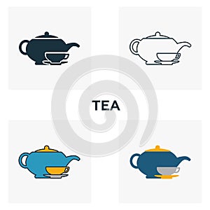 Tea icon set. Four elements in diferent styles from bar and restaurant icons collection. Creative tea icons filled, outline,
