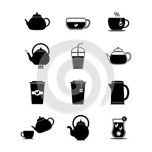 Tea icon set. Hot drink cup, cold iced tea and teapot icons black color.  Logotype organic herbal or mint teas .Vector