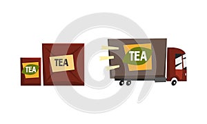 Tea Industry Production Set, Tea Truck and Cardboard Packaging Vector Illustration