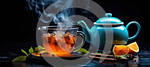 tea kettle and cup of steaming tea, International Tea Day concept background with free copy space