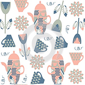 Tea kettle seamless pattern. It is located in swatch menu, vector image. Cute background for design