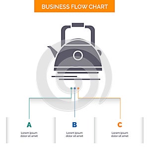 Tea, kettle, teapot, camping, pot Business Flow Chart Design with 3 Steps. Glyph Icon For Presentation Background Template Place