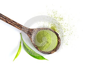 Tea leaf and matcha green tea powder in wood spoon isolated on white background.