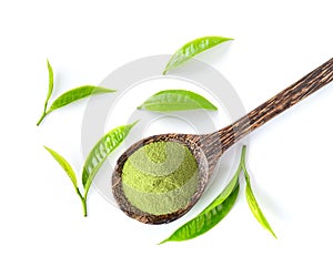 Tea leaf and matcha green tea powder in wood spoon isolated on white background.