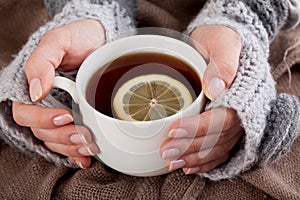 Tea with lemon on a cold day