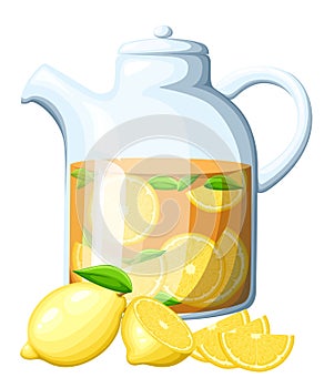 Tea with lemon in glass kettle. Lemon with leaves whole and slices of lemons. Decorative poster, emblem natural product, farmers m