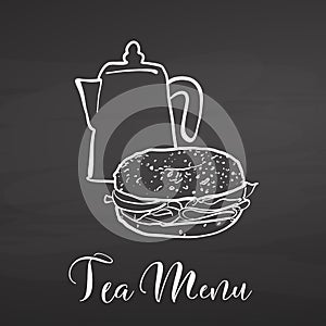Tea menu with bagel on chalkboard