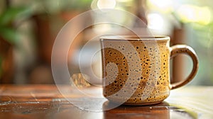 A tea mug with a simple understated design and a warm earthy glaze.