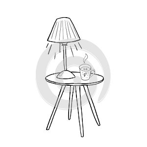 A tea mug on the table under lamplight outlined hand drawn vector