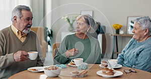 Tea, old people or friends in retirement talking for support, care or trust for bonding in nursing home. Coffee, party