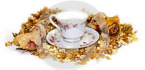 Tea pair of fine porcelain among scattered petals of hydrangea a