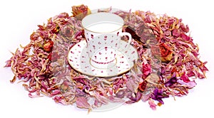 Tea pair of fine porcelain among scattered petals of hydrangea a