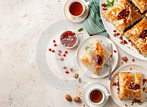 tea party with baklava, Turkish sweets, oriental sweets, top view, dessert, copy space
