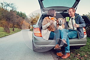 Tea party in car truck - loving couple with dog sits in car truck