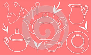 Tea party collection, teapot, mug, sugar bowl, spoons, tea bags, breakfast, minimalist style, doodle illustration