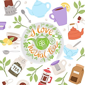 Tea party collection, vector illustration background. Cup of tea on spring background, herbs, teapot and teakettle with photo
