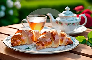Tea party on country terrace in rose garden. Herbal tea and croissants. view of rural idyll. Comfort and peace