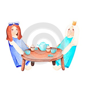 Tea party dolls. Watercolor vintage illustration. Isolated on a white background. For your design.