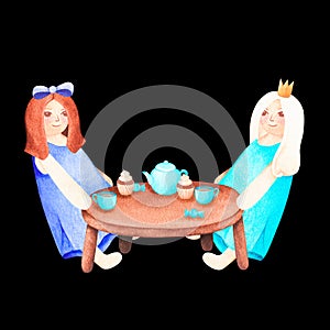 Tea party dolls. Watercolor vintage illustration. Isolated on a white background. For your design.