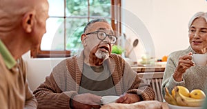 Tea party, friends and talking with old people in a retirement home together for bonding in the morning. Smile