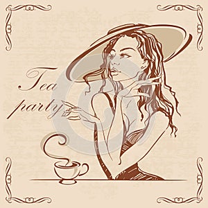 Tea party. Girl in a hat drinking tea. Elegant vintage look. Romantic illustration. Retro. Vector.