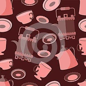 Tea party. Seamless pattern. Kettles, mugs, plates. Burgundy background. vector illustration