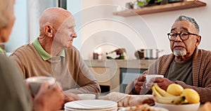 Tea party, senior friends and conversation with pensioners in a retirement home together for bonding in the morning