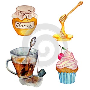 Tea party set. Watercolor illustration cup of tea, cupcake with cream, wooden spoon for honey, a jar of honey.