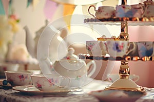 a tea party setup with a cake stand, teacups and a teapot in soft focus