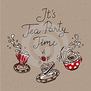 It is Tea Party Time. Set of three hand drawn objects