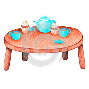 Tea party. Watercolor vintage illustration. Isolated on a white background. For your design.