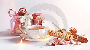 Tea with pastries for breakfast. Sweets and pastries with nuts f