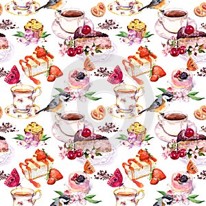 Tea pattern - flowers, teacup, cakes, bird. Food watercolor. Seamless background