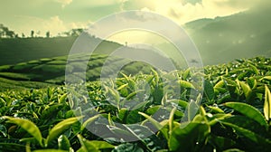 tea plantation with fog at the morning time