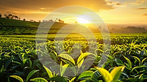 tea plantation landscape with closeup leaves at sunset