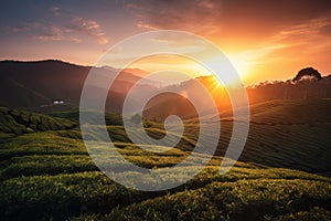 tea plantation at sunset with orange and pink hues streaking the sky