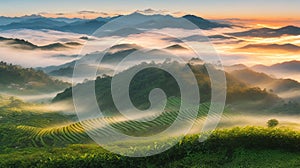 Tea Plantations at Cameron Highlands Malaysia. Sunrise in early morning with fog.