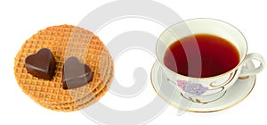 Tea in a porcelain cup and waffles with chocolate isolated on white . Wide photo. Collage