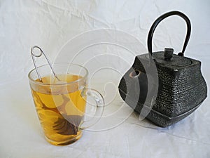 tea pot and a cup of green tea on a white background