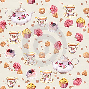 Tea pot, teacup, cakes, flowers. Repeated time wallpaper. Watercolor photo