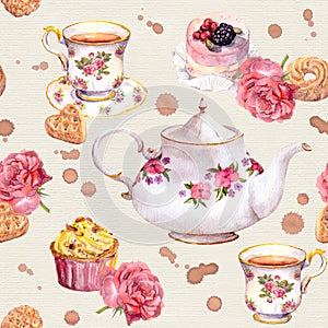 Tea pot, teacup, cakes, flowers. Repeating teatime pattern. Watercolour