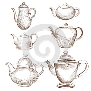 Tea pots collection. Kettles hand drawn sketch set.