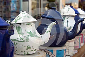 Tea Pots, white and blue