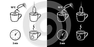 Tea preparing icons, tea bag brewing instructions, pour method, vector. Tea brew process icons with cut and infuser teapot