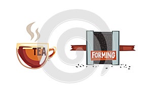 Tea Production Set, Leaves Forming and Cup of Hot Drin Vector Illustration