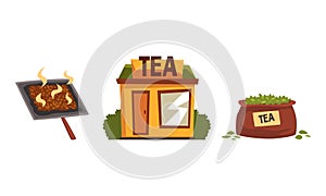 Tea Production Set, Tea Leaves Picking, Drying and Selling Vector Illustration