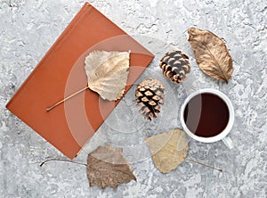 Tea when reading a book. Tea, a book, fallen leaves, bumps on a concrete table. Autumn winter atmosphere for reading story.