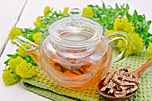 Tea of Rhodiola rosea in glass teapot with spoon