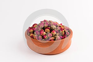 Tea rose buds in a clay pot isolated on white